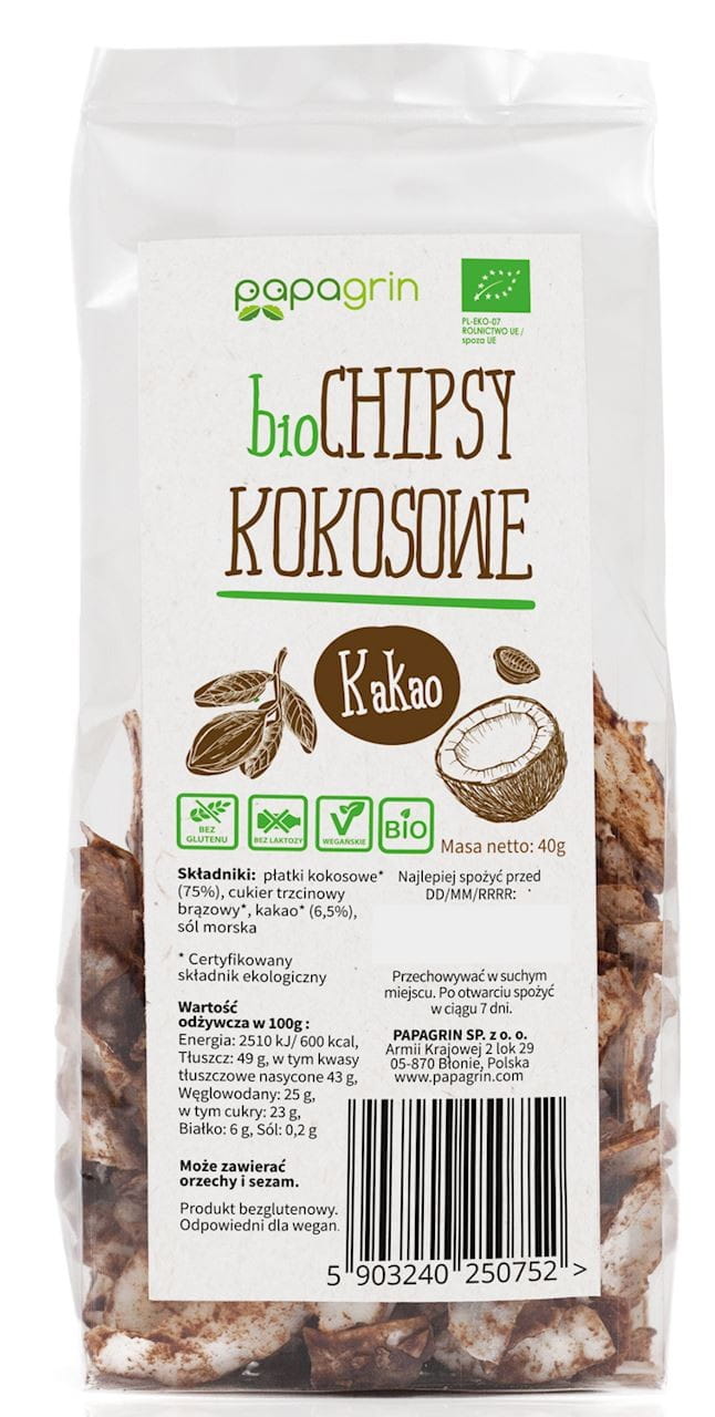 Chips de coco con cacao BIO 40 g - PAPAGRIN