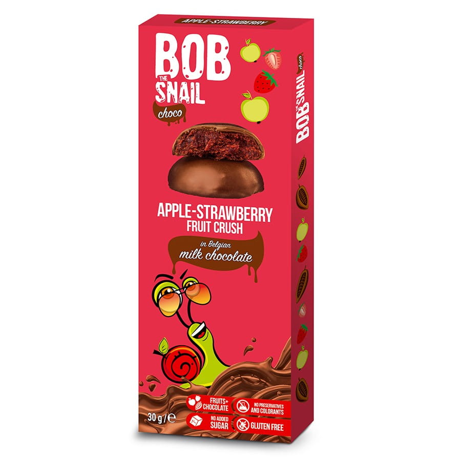 ขนมแอปเปิ้ล-สตรอเบอร์รี่ในช็อกโกแลตนมเต็ม 30 กรัม BOB SNAIL